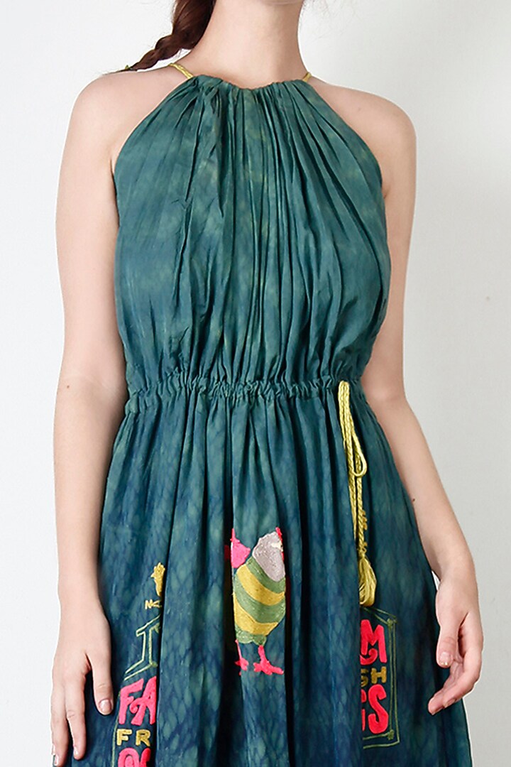Green Cotton Silk Motif Embroidered Tie-Dyed Vacation Dress by Aharin India at Pernia's Pop Up Shop