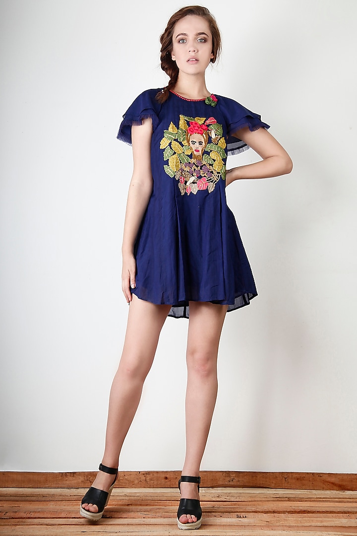 Blue Embroidered Short Dress by Aharin India