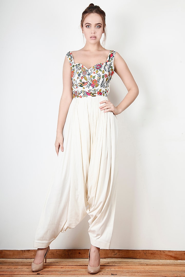 Ivory Floral Embroidered Jumpsuit by Aharin India