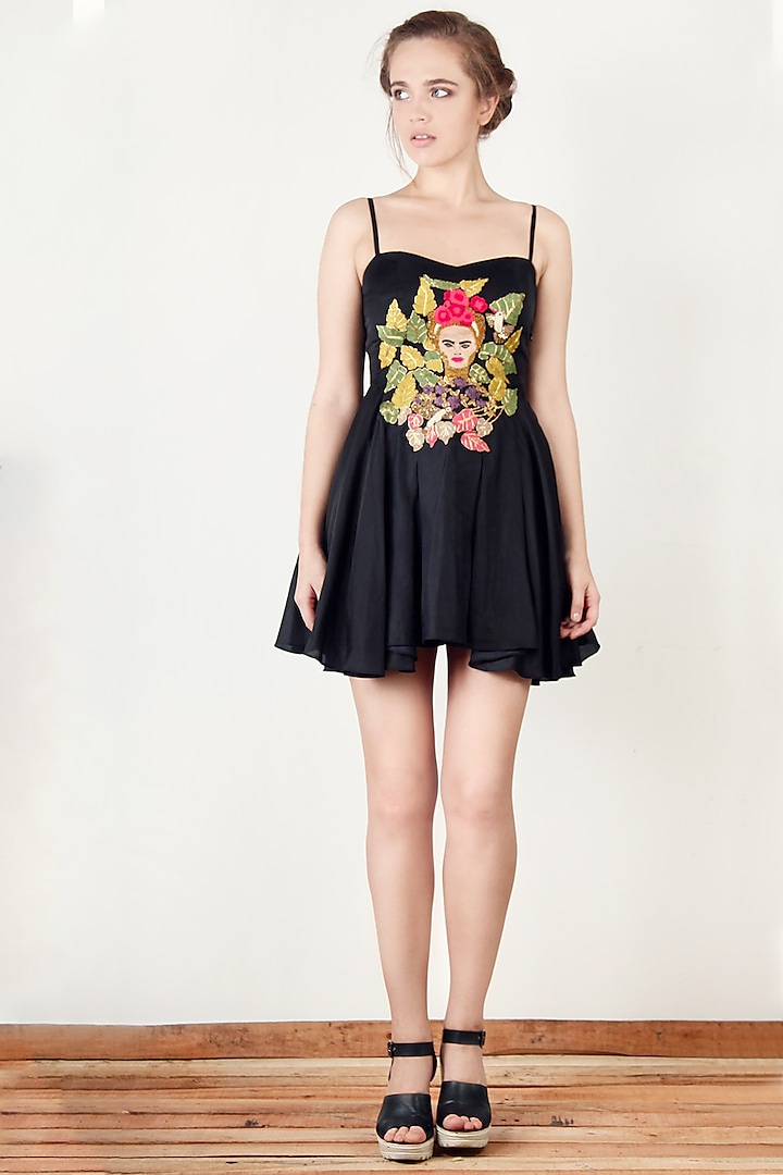 Black Cotton Silk Embroidered Mini Flared Dress by Aharin India at Pernia's Pop Up Shop