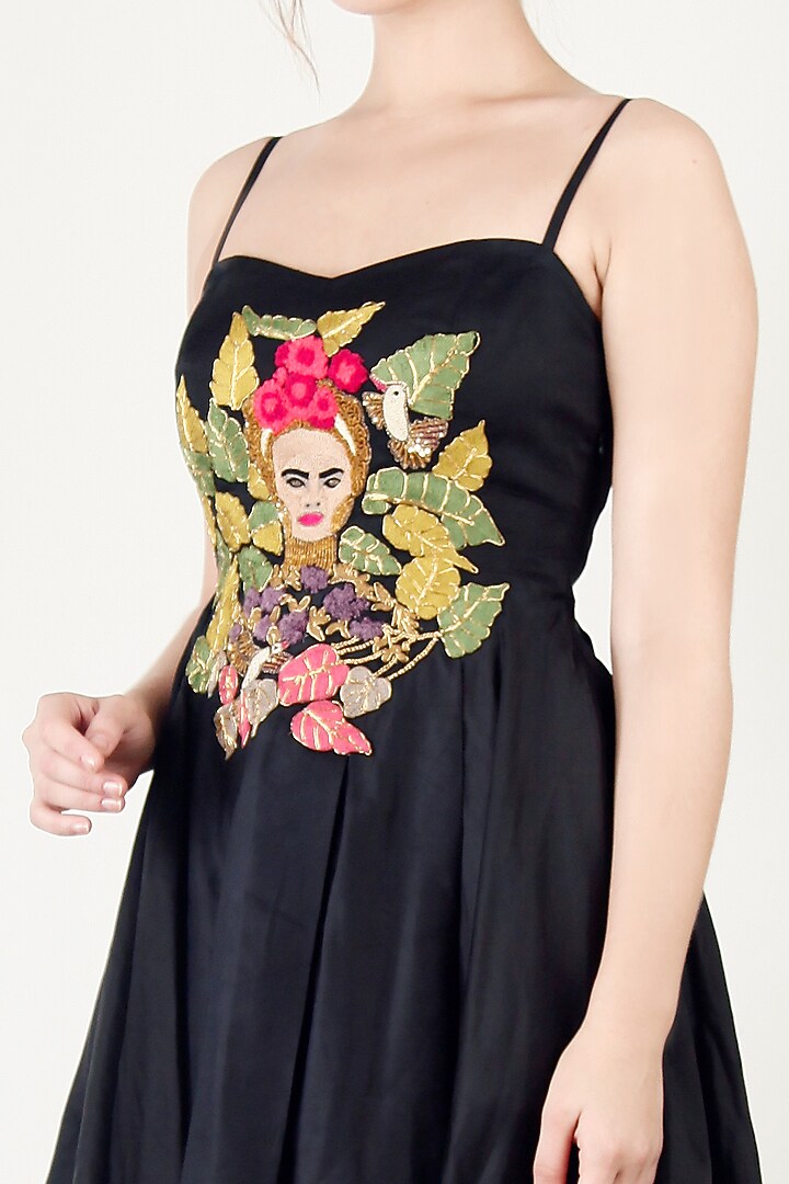 Black Cotton Silk Embroidered Mini Flared Vacation Dress by Aharin India at Pernia's Pop Up Shop