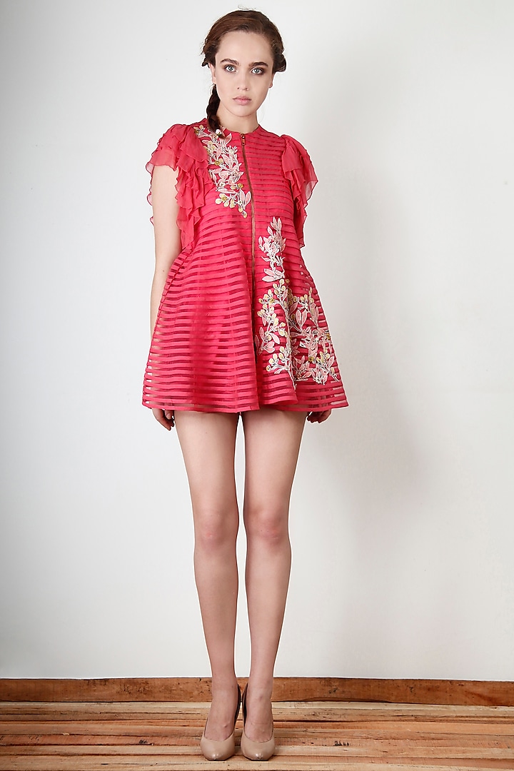 Pink Floral Embroidered Dress by Aharin India