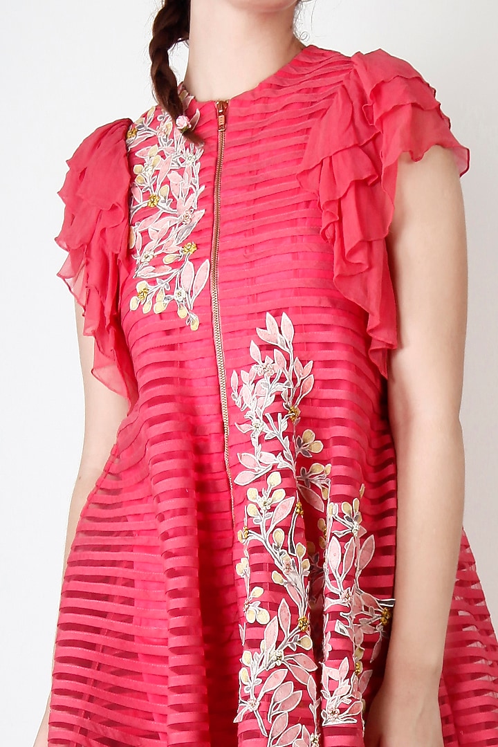 Pink Floral Embroidered Dress by Aharin India at Pernia's Pop Up Shop