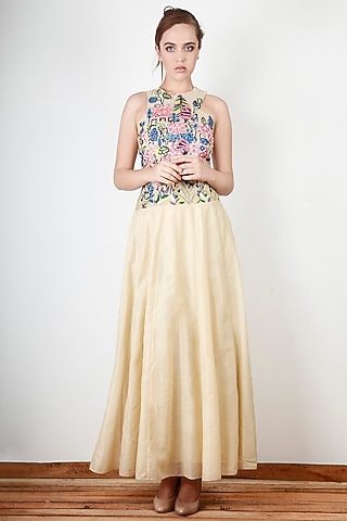 Beige Cotton Silk Embroidered Maxi Dress by Aharin India