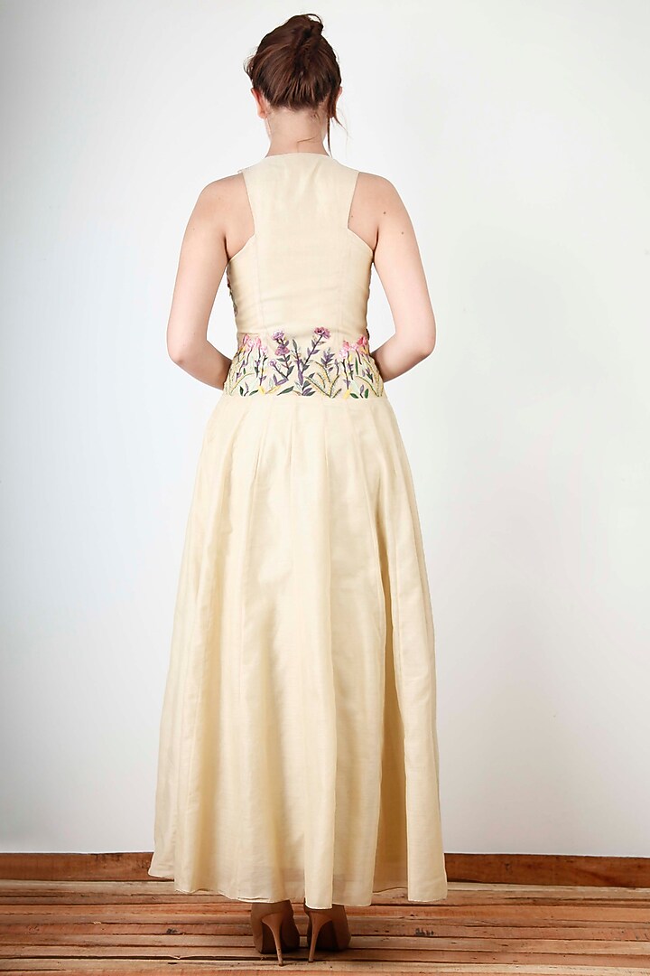 Beige Cotton Silk Embroidered Maxi Vacation Dress by Aharin India at Pernia's Pop Up Shop