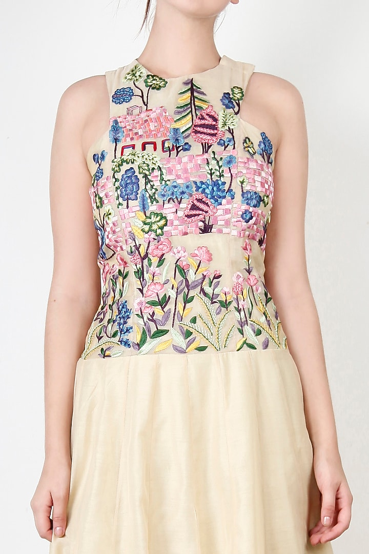 Beige Cotton Silk Embroidered Maxi Vacation Dress by Aharin India at Pernia's Pop Up Shop