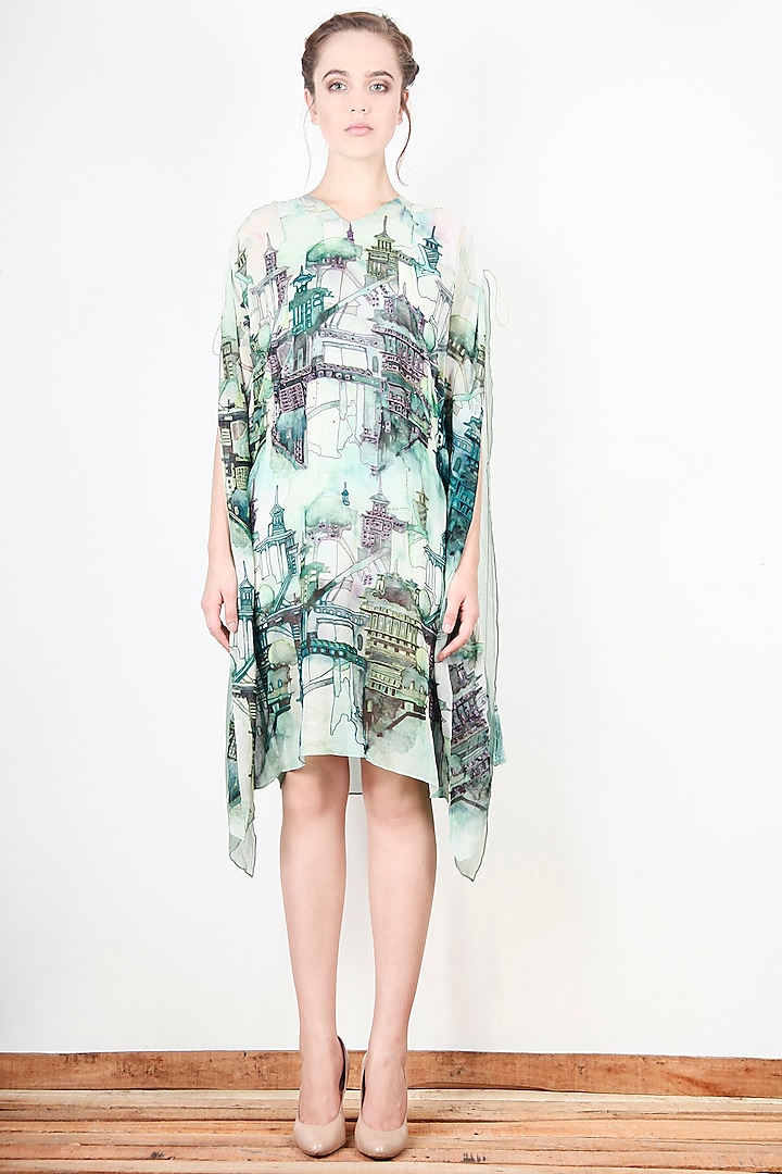 Green Printed & Embroidered Poncho Dress by Aharin India