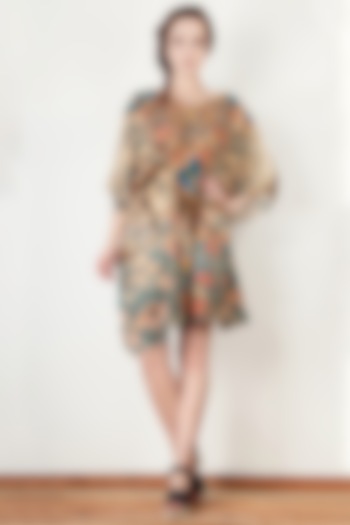 Beige Embroidered & Printed Kaftan Vacation Dress by Aharin India at Pernia's Pop Up Shop