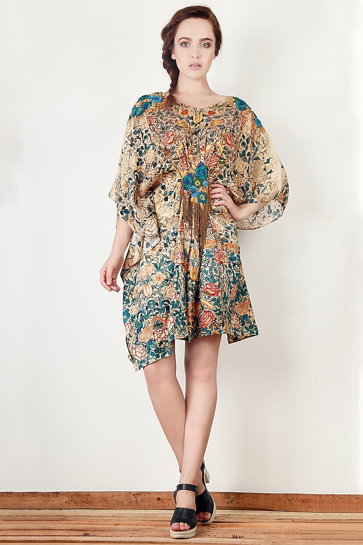 Beige Embroidered & Printed Kaftan Vacation Dress by Aharin India at Pernia's Pop Up Shop