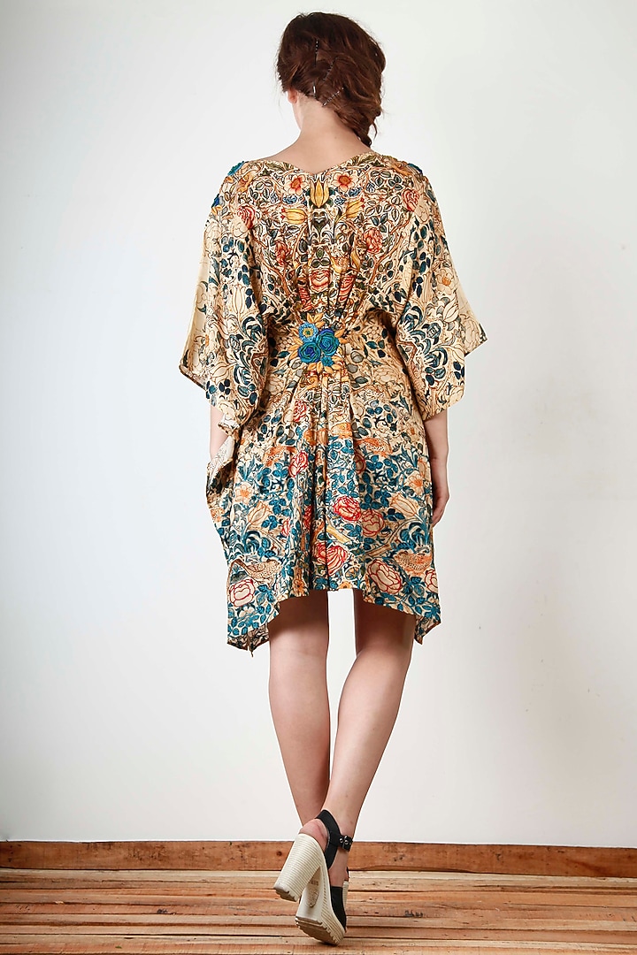 Beige Embroidered & Printed Kaftan Vacation Dress by Aharin India at Pernia's Pop Up Shop