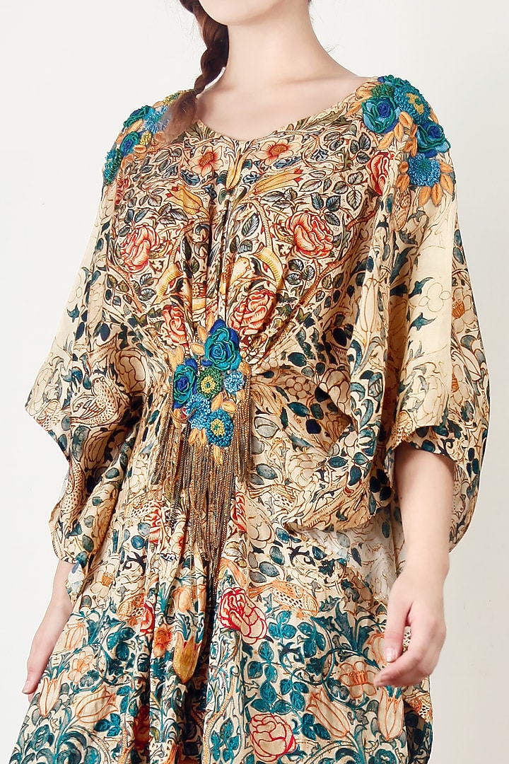 Beige Embroidered & Printed Kaftan Vacation Dress by Aharin India at Pernia's Pop Up Shop
