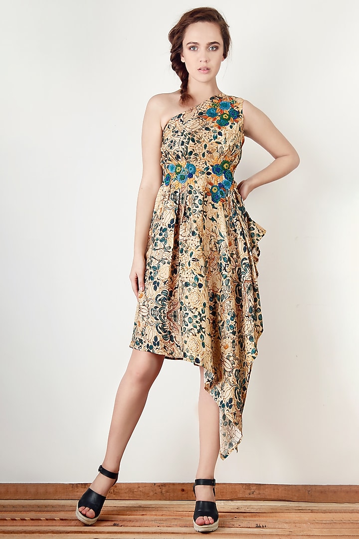 Beige Embroidered & Printed Asymmetric Tunic by Aharin India