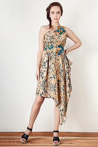 Beige Embroidered & Printed Asymmetric Tunic by Aharin India