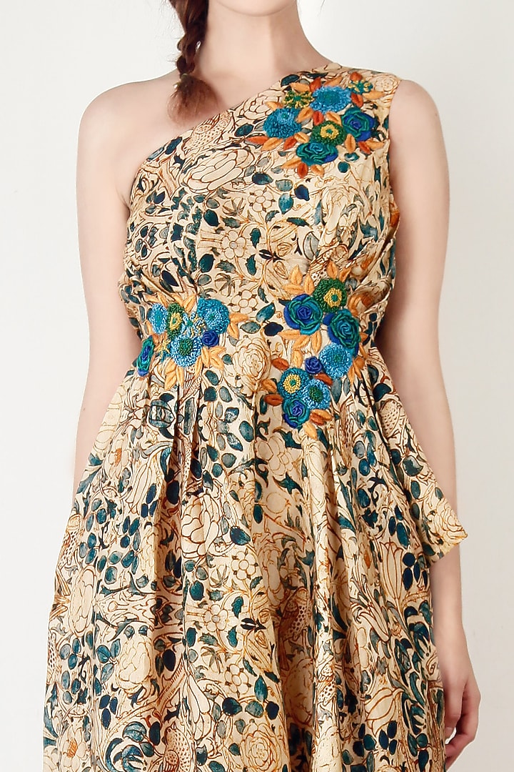 Beige Embroidered & Printed Asymmetric Tunic by Aharin India at Pernia's Pop Up Shop