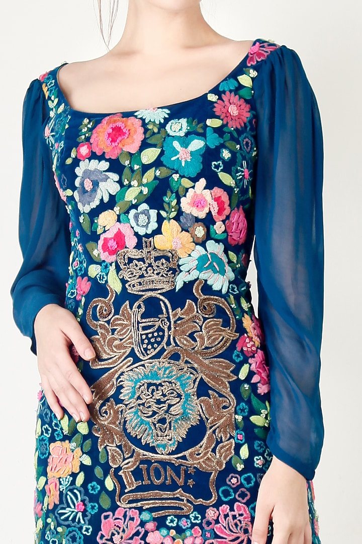 Blue Velvet Floral Embroidered Mini Vacation Dress by Aharin India at Pernia's Pop Up Shop