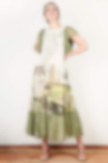 Off White & Green Printed Dress by Aharin India