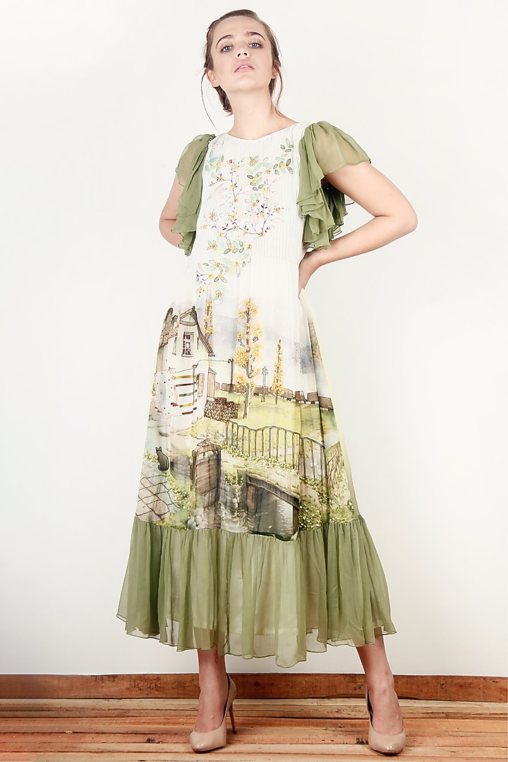 Off-White & Green Georgette Printed & Embroidered Ruffled Vacation Dress by Aharin India at Pernia's Pop Up Shop