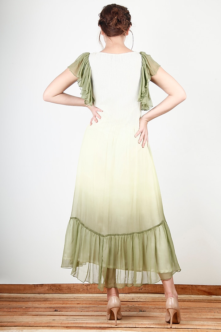 Off-White & Green Georgette Printed & Embroidered Ruffled Vacation Dress by Aharin India at Pernia's Pop Up Shop