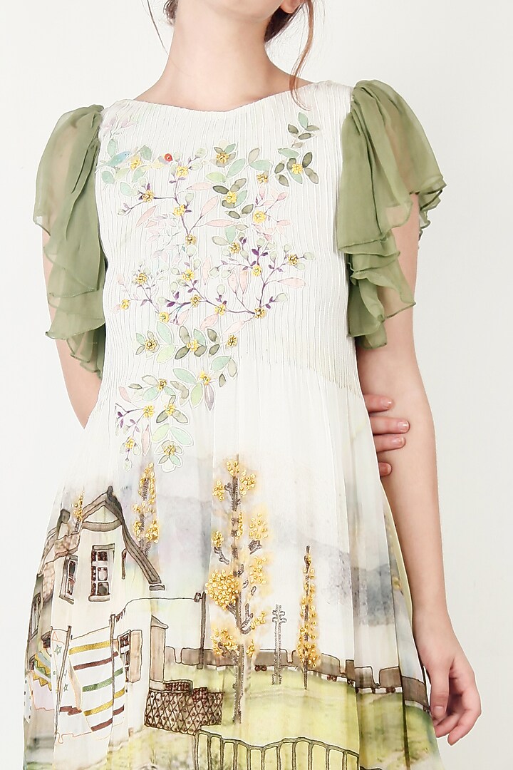 Off-White & Green Georgette Printed & Embroidered Ruffled Vacation Dress by Aharin India at Pernia's Pop Up Shop