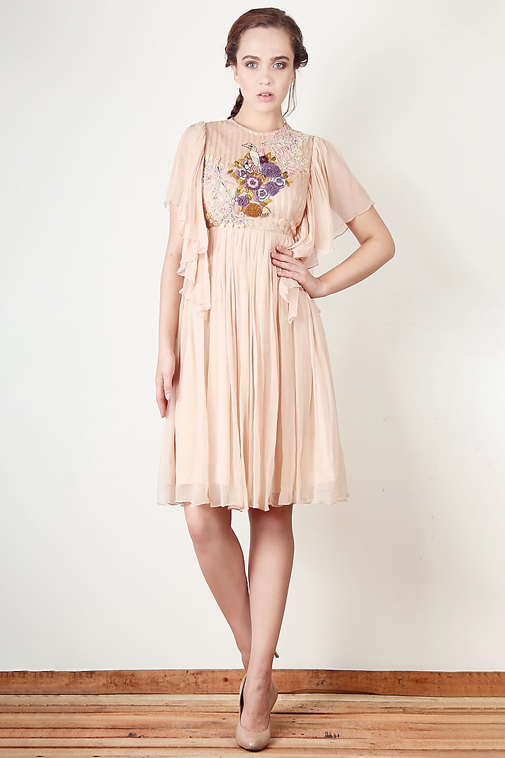 Peach Embroidered Flared Dress by Aharin India