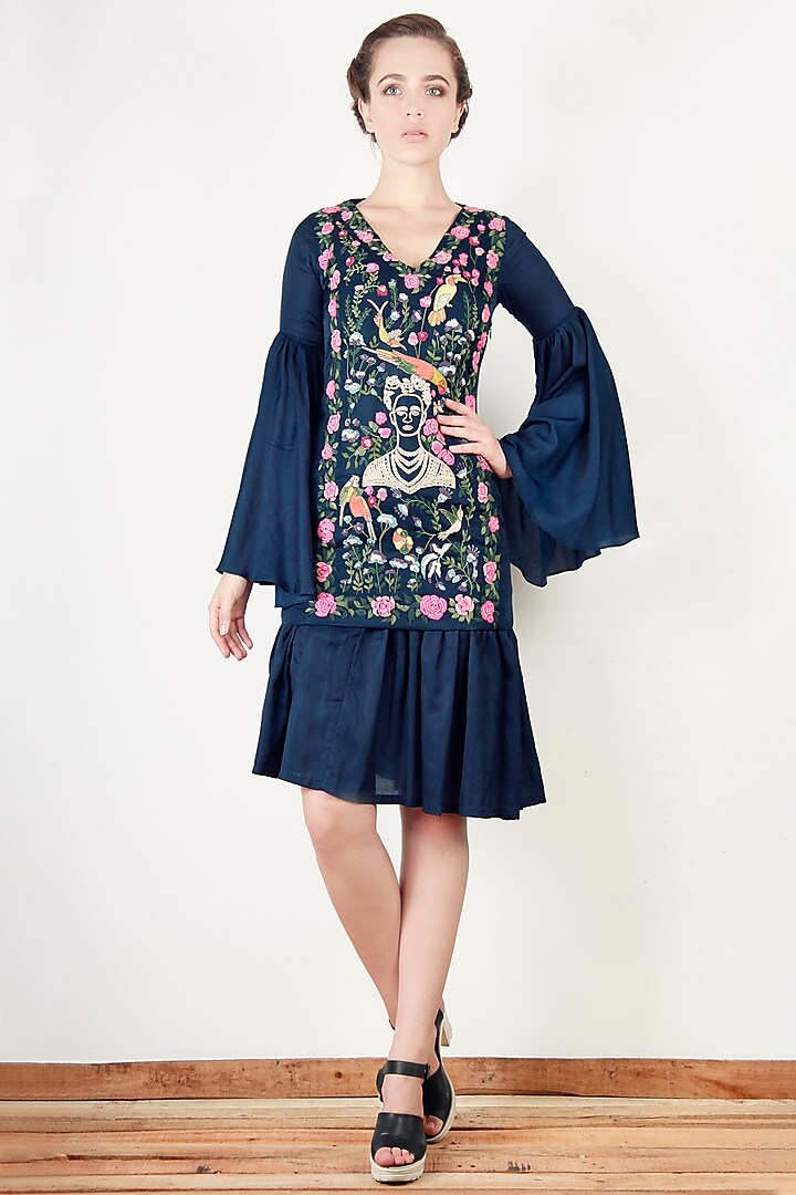 Navy Blue Embroidered Pleated Dress by Aharin India