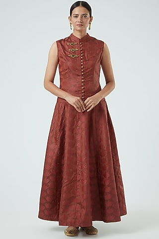 Maroon Jacquard Maxi Dress by Aharin India