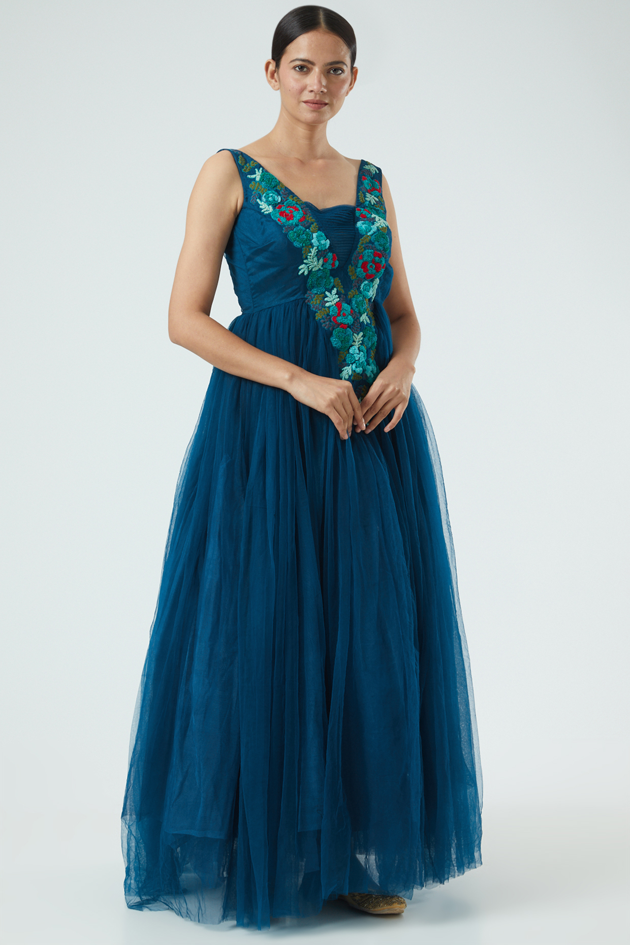 Teal Embroidered Gown by Aharin India at Pernia's Pop Up Shop