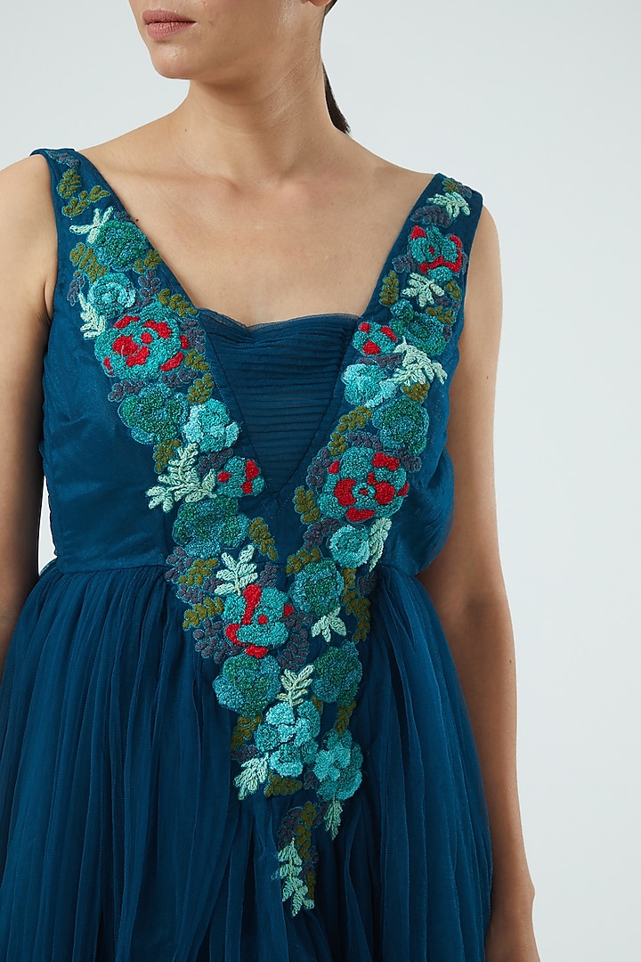 Teal Embroidered Gown by Aharin India at Pernia's Pop Up Shop