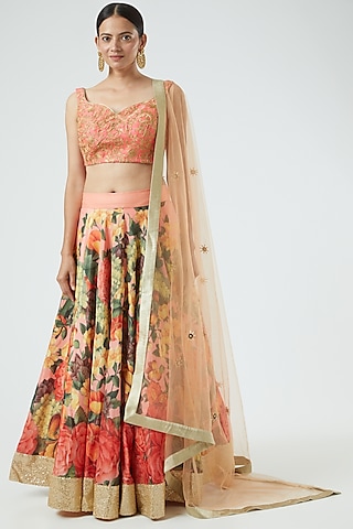 Peach Printed Lehenga Set by Aharin India