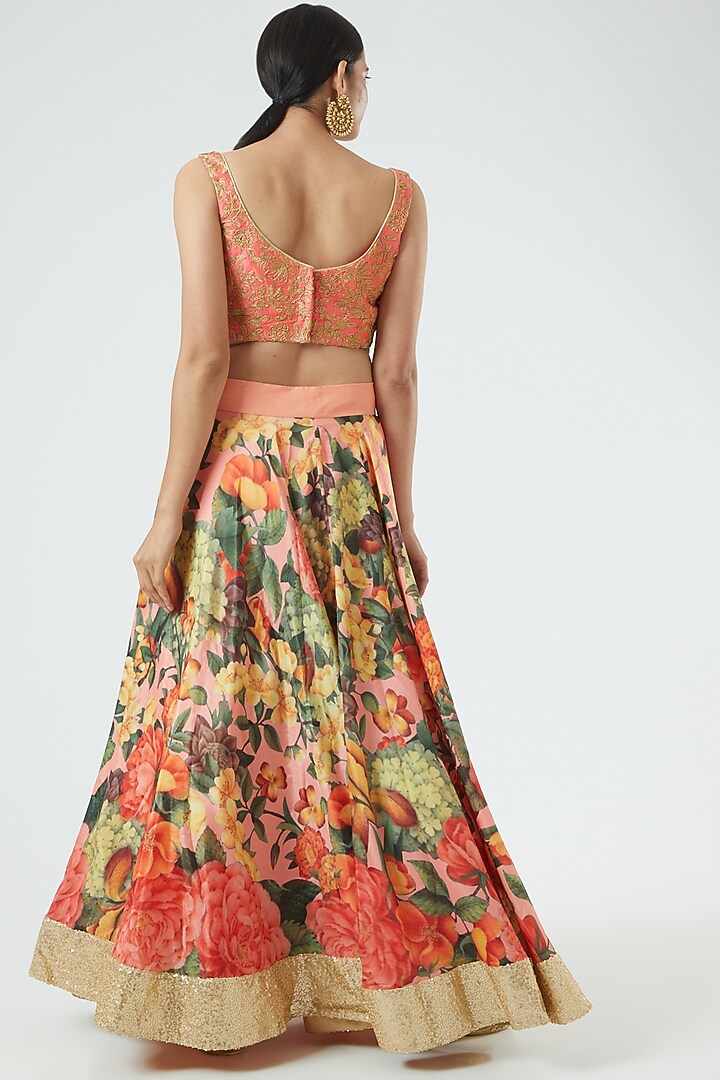 Peach Printed Wedding Lehenga Set by Aharin India at Pernia's Pop Up Shop