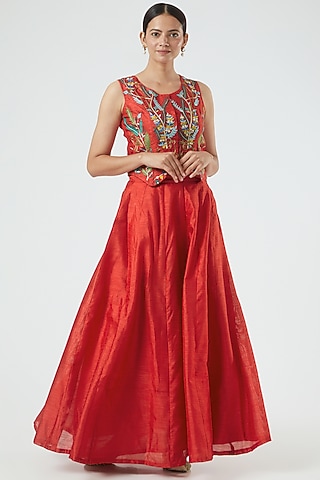 Red Embroidered Jacket Lehenga by Aharin India