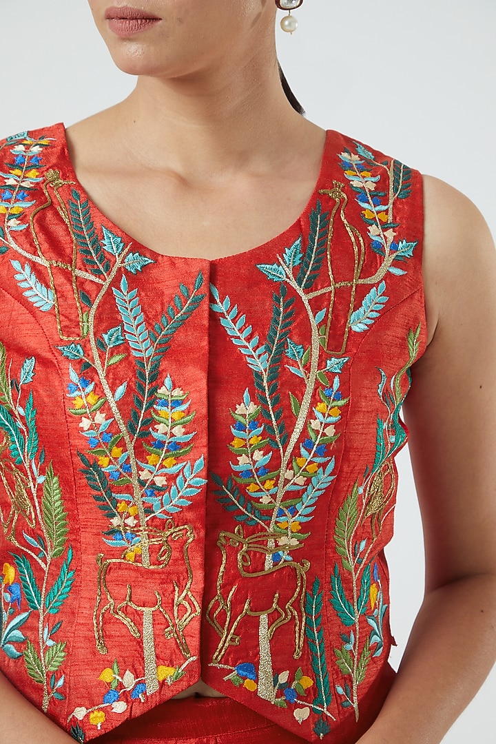 Red Embroidered Jacket Lehenga by Aharin India at Pernia's Pop Up Shop