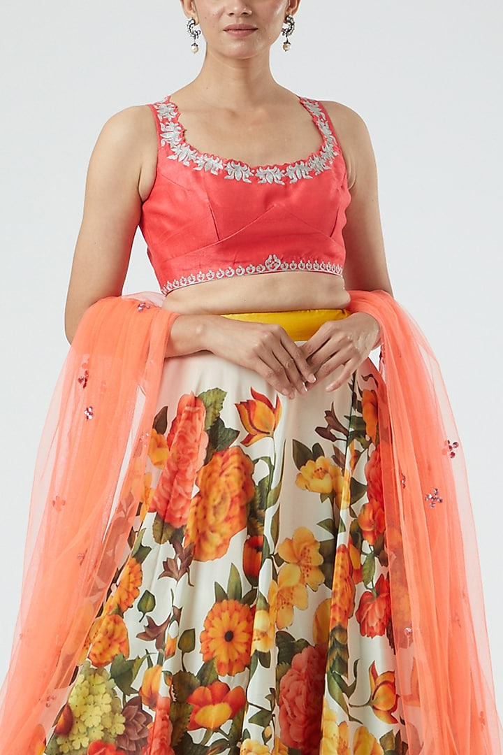 Orange & White Printed Wedding Lehenga Set by Aharin India at Pernia's Pop Up Shop