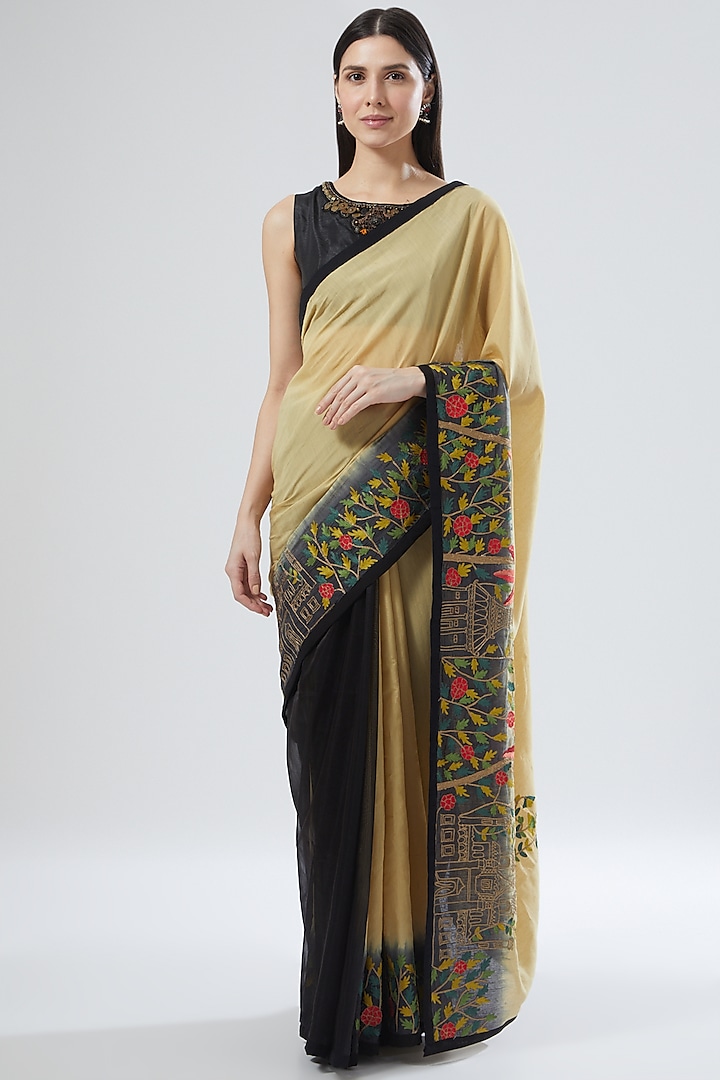 Beige & Black Ombre Embroidered Saree Set by Aharin India