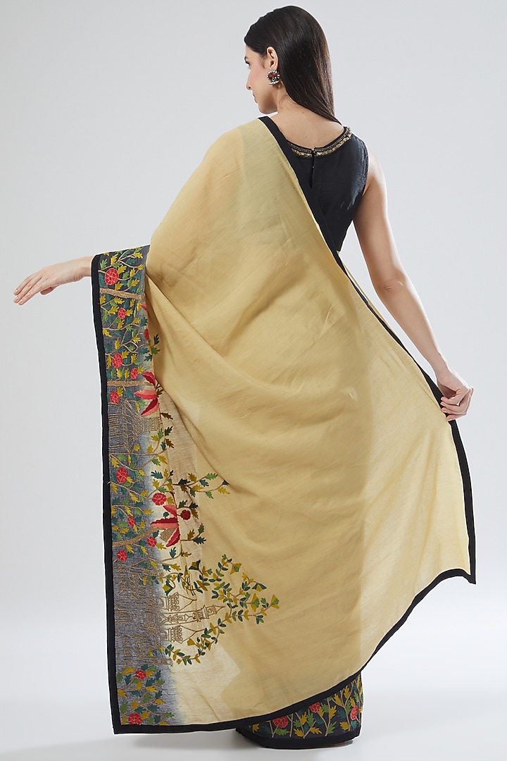 Beige & Black Ombre Embroidered Wedding Saree Set by Aharin India at Pernia's Pop Up Shop