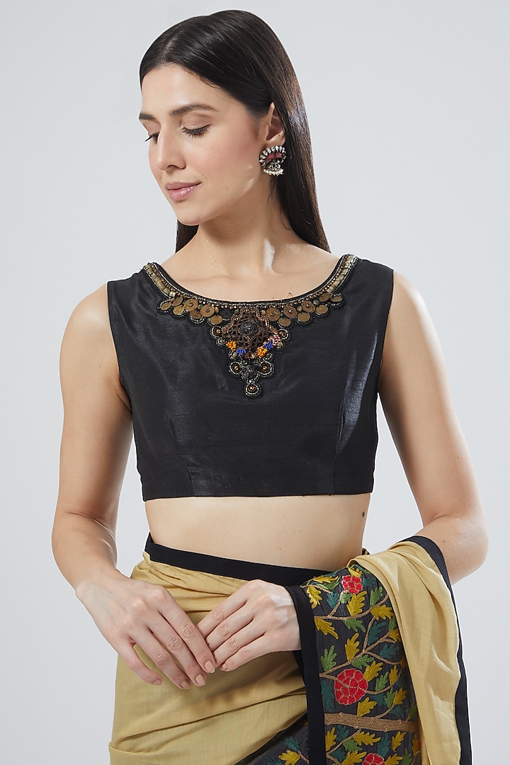 Beige & Black Ombre Embroidered Wedding Saree Set by Aharin India at Pernia's Pop Up Shop