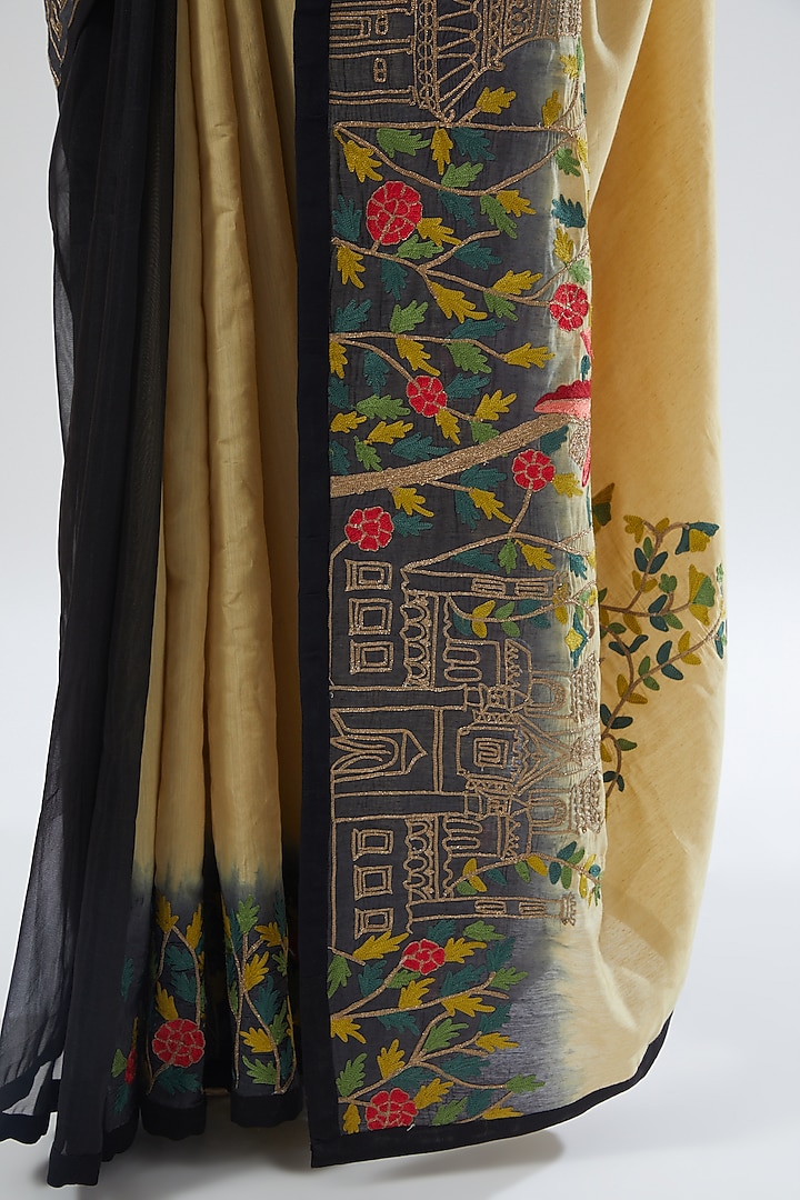 Beige & Black Ombre Embroidered Wedding Saree Set by Aharin India at Pernia's Pop Up Shop