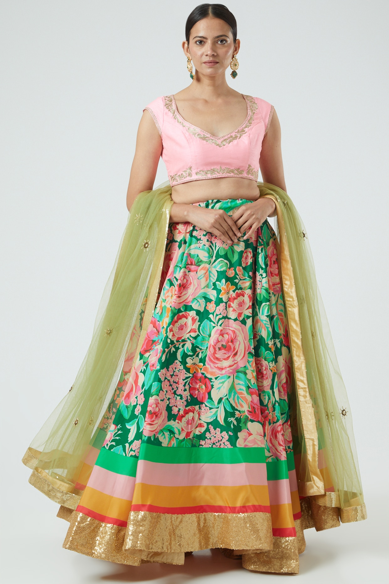 Spring Leaves Green and Pink Banarasi Silk Lehenga Choli – MySilkLove