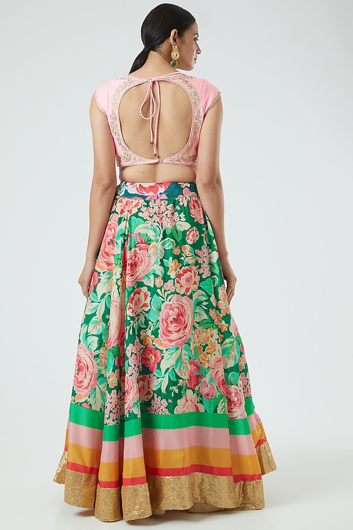 Emerald Green & Pink Printed Wedding Lehenga Set by Aharin India at Pernia's Pop Up Shop