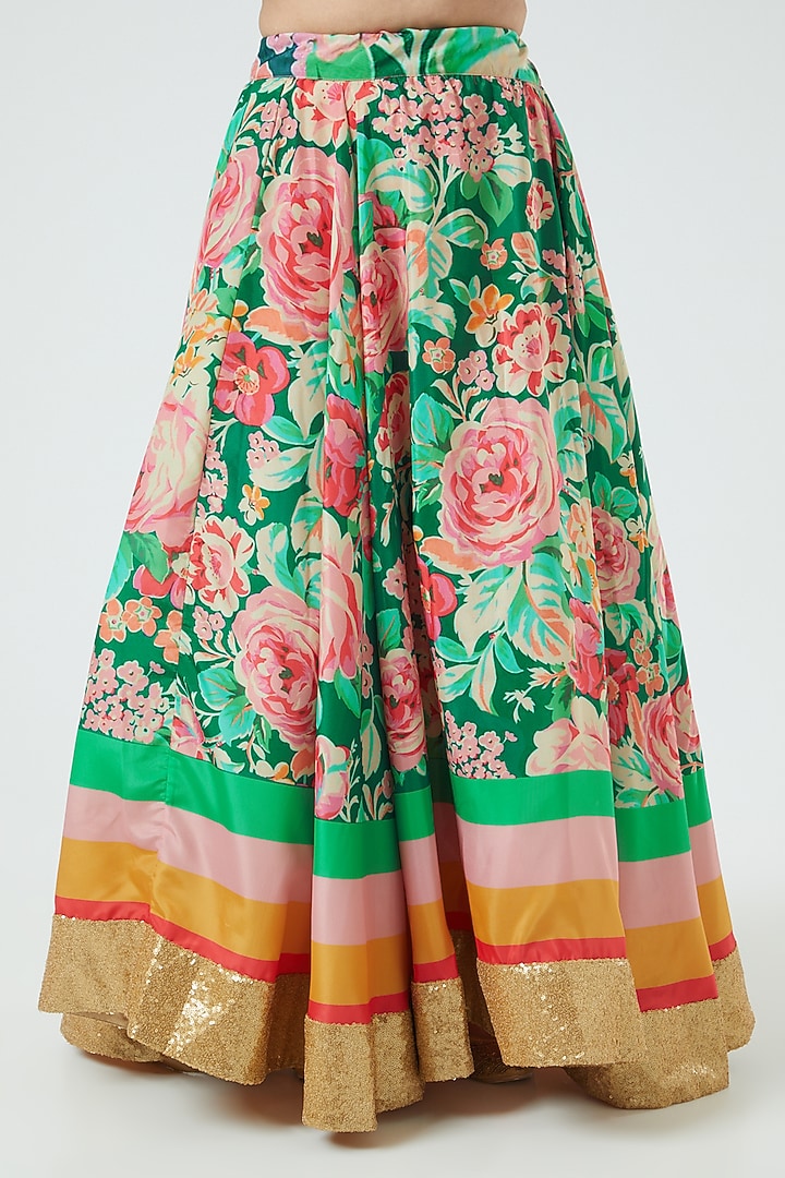 Emerald Green & Pink Printed Wedding Lehenga Set by Aharin India at Pernia's Pop Up Shop