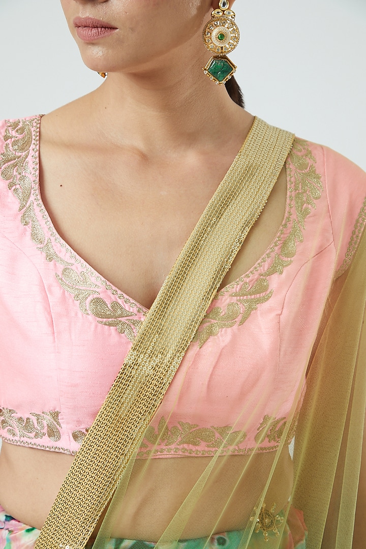 Emerald Green & Pink Printed Wedding Lehenga Set by Aharin India at Pernia's Pop Up Shop