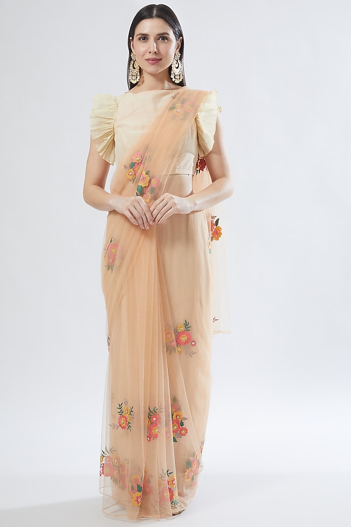 Peach Embroidered Saree Set by Aharin India at Pernia's Pop Up Shop