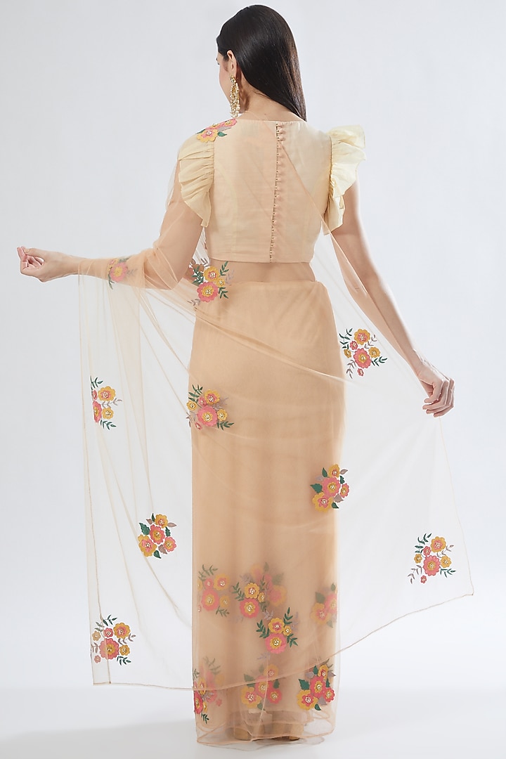 Peach Embroidered Party Wear Saree Set by Aharin India at Pernia's Pop Up Shop