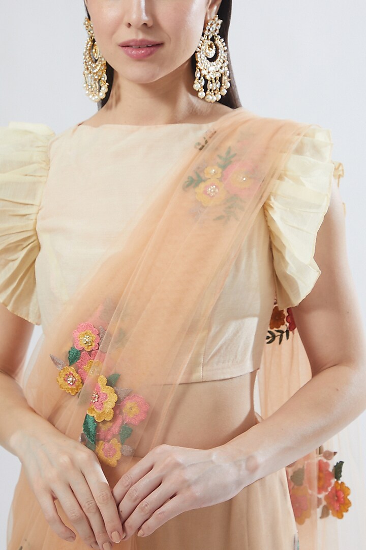 Peach Embroidered Party Wear Saree Set by Aharin India at Pernia's Pop Up Shop