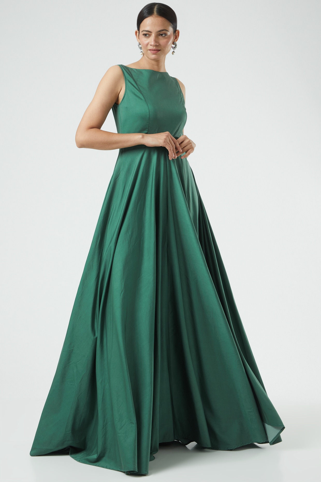 ASOS DESIGN long sleeve satin maxi tea dress with gathered waist and  shirred cuffs in emerald green | ASOS