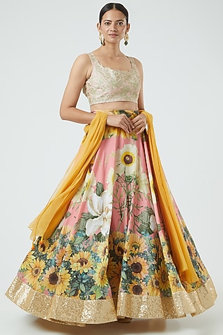 Peach & Blush Pink Printed Lehenga Set by Aharin India
