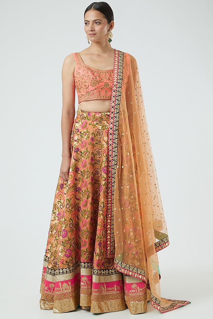 Coral Embroidered Lehenga Set by Aharin India