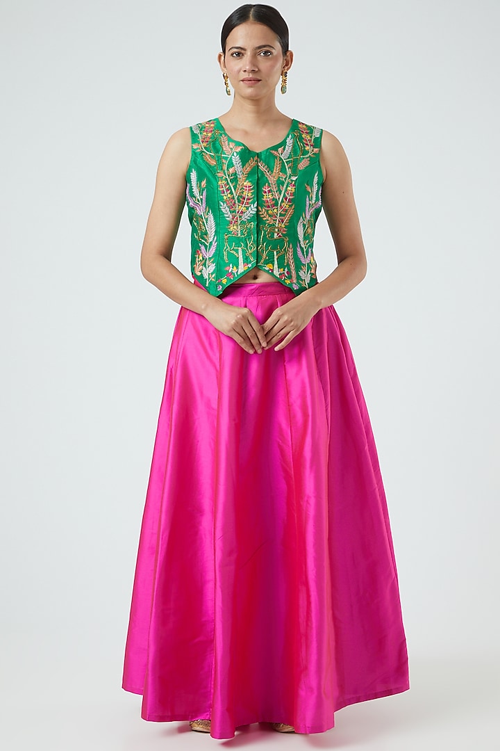 Pink Silk Blend Jacket Lehenga Set by Aharin India