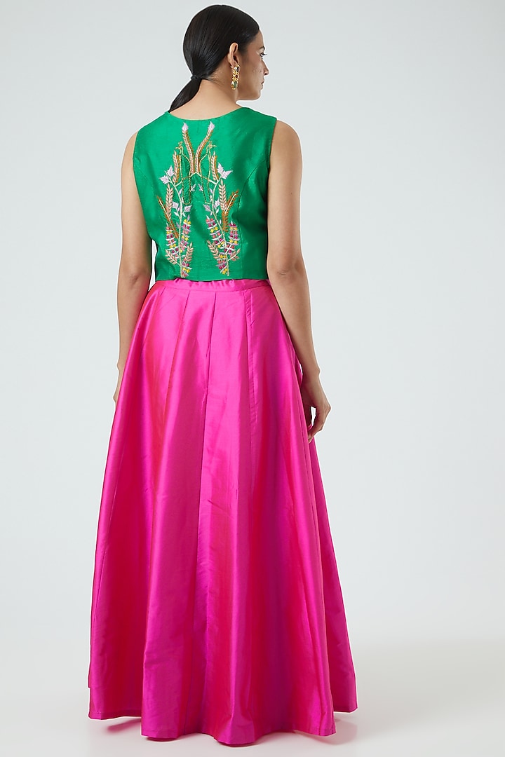 Pink Silk Blend Jacket Lehenga Set by Aharin India at Pernia's Pop Up Shop