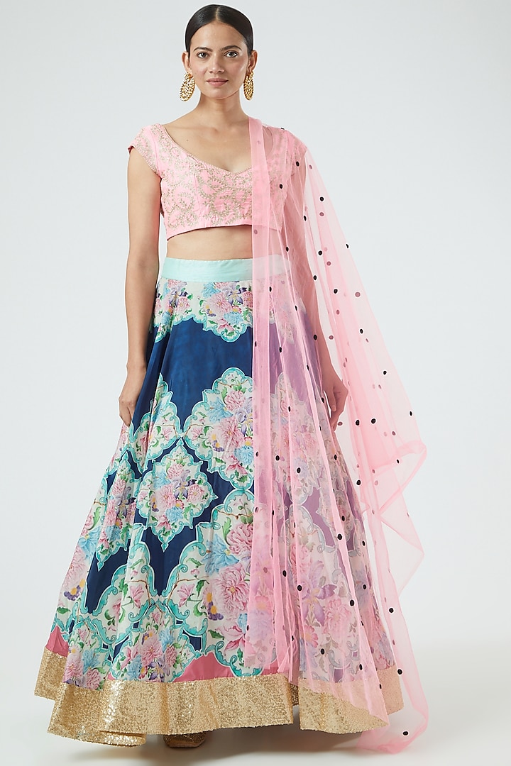 Blue & Pink Floral Printed Lehenga Set by Aharin India